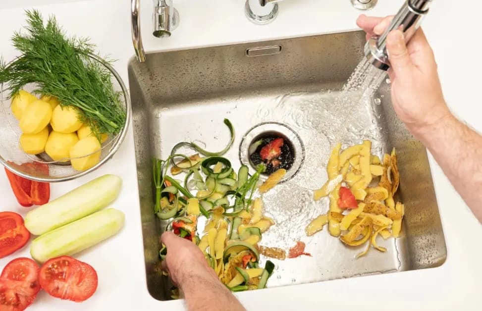 Kitchen sink filled with vegetable peels and scraps being rinsed toward a garbage disposal