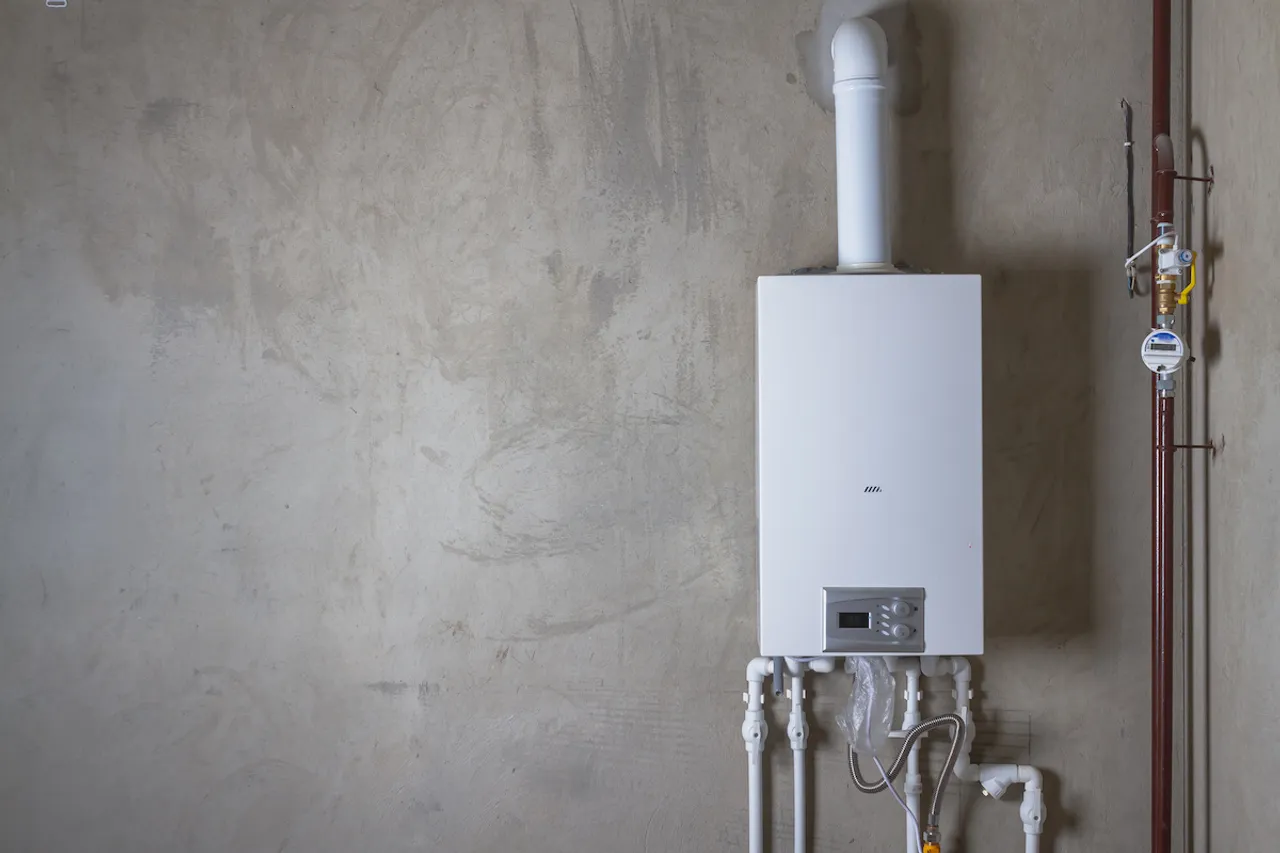 Technician inspecting a modern tankless water heater