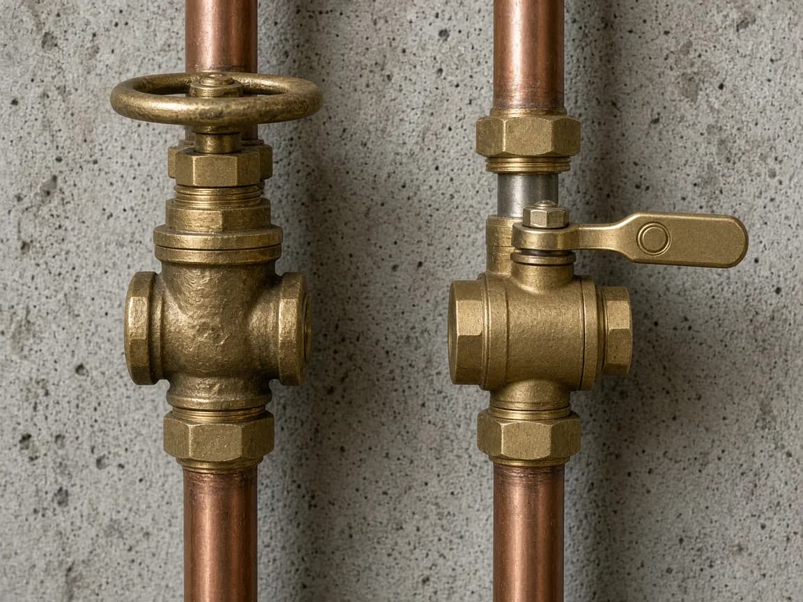 Gate valve with a round wheel beside a ball valve with a lever handle on copper pipes