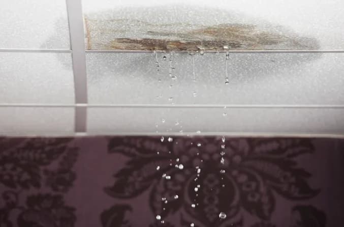 Water stains and active dripping on a ceiling caused by a hidden household water leak