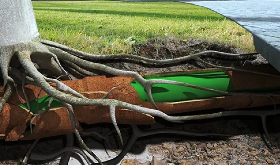 Cross-section illustration of UV pipe lining creating a new pipe inside a root-damaged sewer line