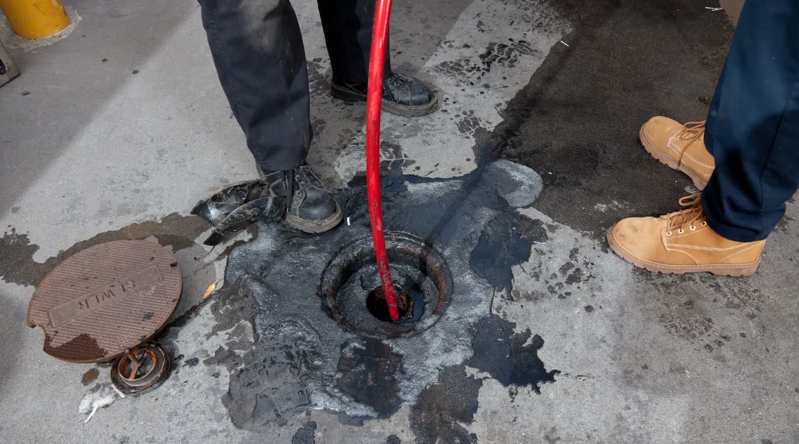 Allegiant Plumbing technicians feeding a hydro-jet hose into a sewer cleanout in Columbus, Ohio